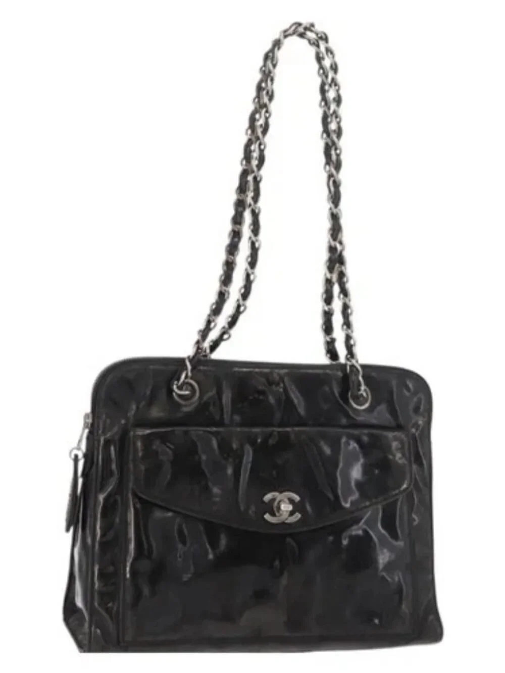 CHANEL Chain Shoulder Bag Patent leather Black Silver CC Auth bs34564